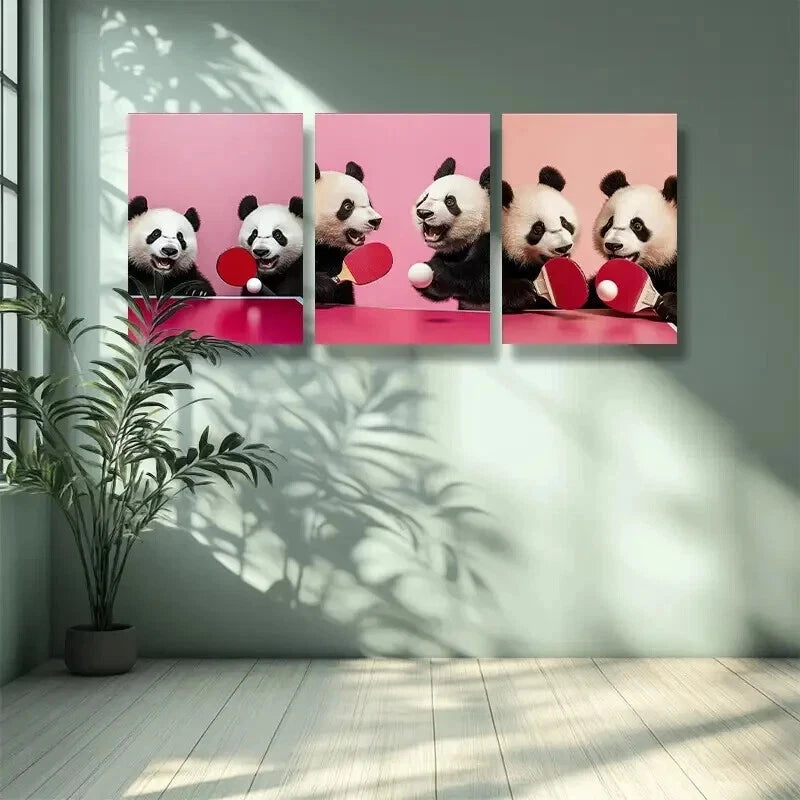 3pcs Table tennis panda Wall Art Set Canvas Framed 50x70cm - High Quality Print 100% Australian Made Wall Canvas Ready to Hang