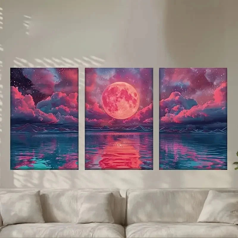 3pcs Full Moon Water Surface Metal Print Ready to Hang Art - Bella Home Decor