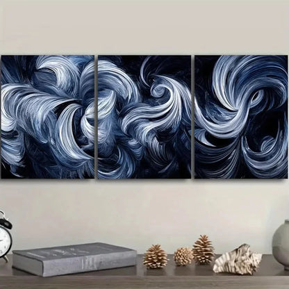 3pcs Luxurious Navy Blue Swirl Painting Metal Print Ready to Hang Art - Bella Home Decor
