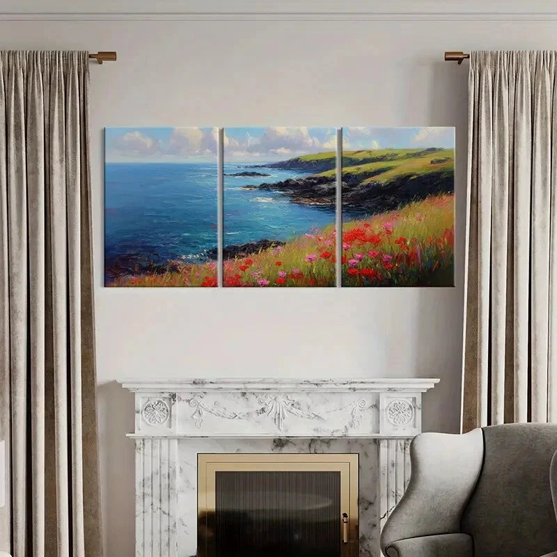 3pcs Vibrant Ocean Waves Rocky Shoreline Metal Print Ready to Hang Art - Bella Home Decor