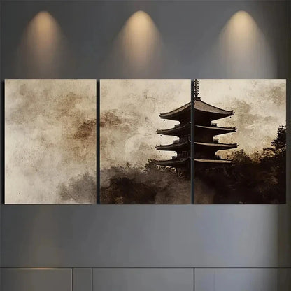 3pcs Japanese pagoda under the northern lights  Wall Art Canvas Framed 40x60cm - High Quality Print 100% Australian Made Wall Canvas Ready to Hang - Bella Home Decor