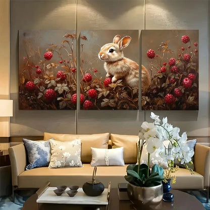 3pcs Adorable Bunny in Raspberry Bush Metal Print Ready to Hang Art