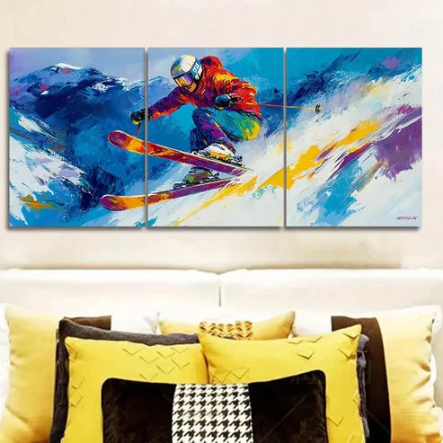 3pcs Paintings Featuring a Skier Wall Art Set Canvas Unframed - High Quality Print 100% Australian Made Wall Canvas