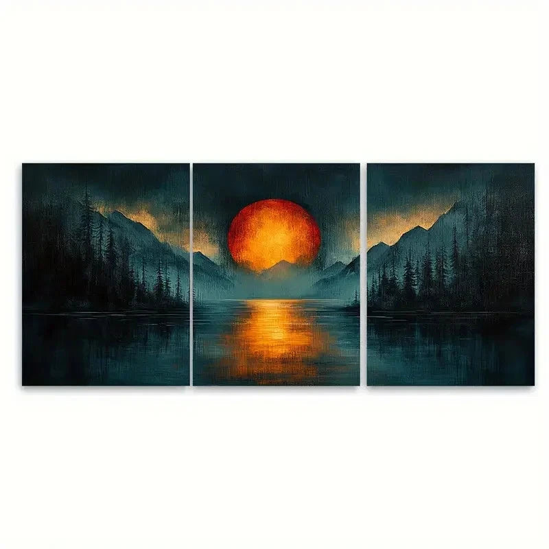 3pcs Cold Toned Blues Grunge Orange Sunset View Wall Art Set Canvas Framed 40x60cm - High Quality Print 100% Australian Made Wall Canvas Ready to Hang - Bella Home Decor