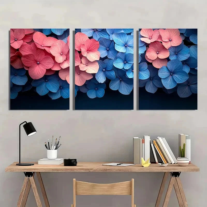 3pcs Hydrangea Flower Pink & Blue Floral Wall Art Metal Print Ready to Hang Art - Bella Home Decor