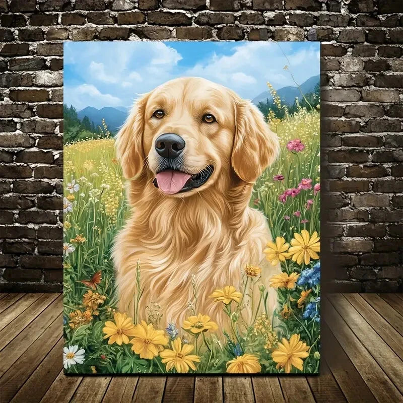 Golden Retriever Floral Adorable Golden Painting 40x60cm Metal Print Ready to Hang - Bella Home Decor
