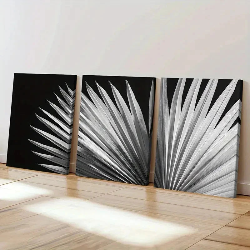 3pcs Black And White Abstract Palm Leaf    Wall Art Set Canvas Framed 40x60cm - High Quality Print 100% Australian Made Wall Canvas Ready to Hang - Bella Home Decor