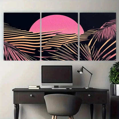 3pcs Vintage Pink Sunset and Palm Tree Leaves Metal Print Ready to Hang Art
