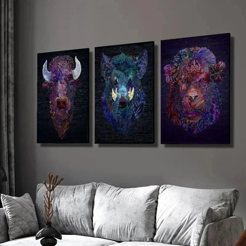 3pcs The Heads of Bulls Boars and Monkeys Wall Art Set Canvas Framed 40x60cm - High Quality Print 100% Australian Made Wall Canvas Ready to Hang