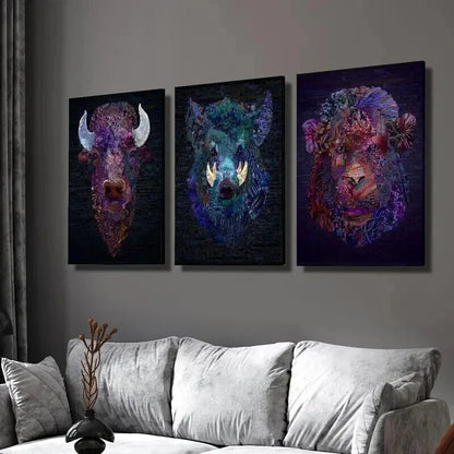 3pcs The Heads of Bulls Boars and Monkeys Wall Art Set Canvas Framed 40x60cm - High Quality Print 100% Australian Made Wall Canvas Ready to Hang