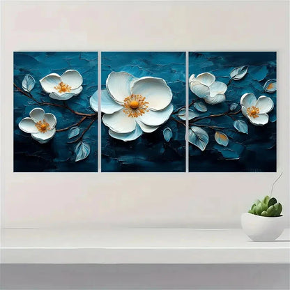 3pcs Floral Abstract Oil Paintings White Flowers Metal Print Ready to Hang Art - Bella Home Decor