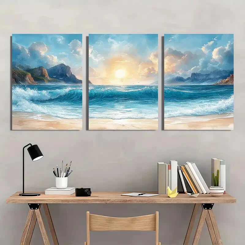 3pcs Ocean Beach Sunset with Waves and Mountains Metal Print Ready to Hang Art - Bella Home Decor
