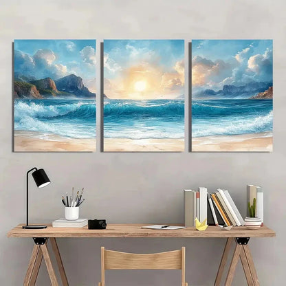 3pcs Ocean Beach Sunset with Waves and Mountains Metal Print Ready to Hang Art - Bella Home Decor
