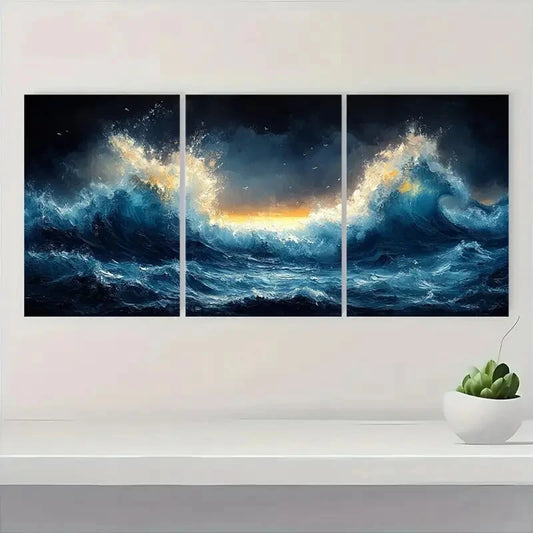 3pcs Blue and Dynamic Ocean Waves Painting Metal Print Ready to Hang Art
