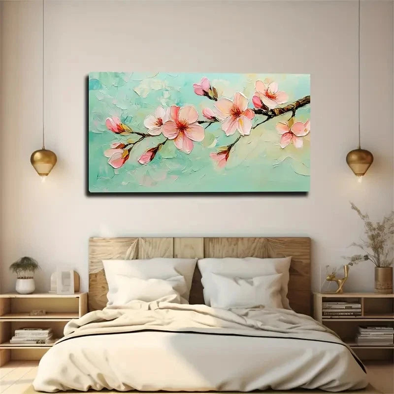 Pink Cherry Blossoms Soft Blue Wall Art Canvas Office Home Room Framed 120x60cm