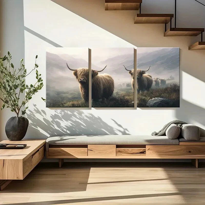 3pcs Highland Cattle Mountain Landscape Scene Metal Print Ready to Hang Art - Bella Home Decor