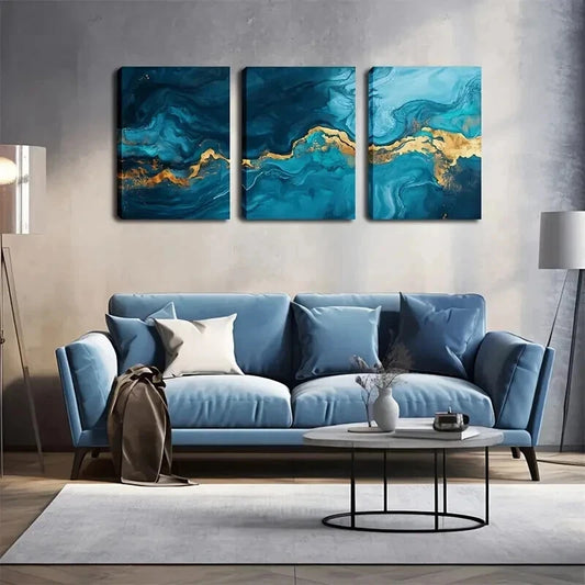 3pcs Dreamy Blue Ocean with Golden Accents Wall Art Set Canvas Framed 50x70cm - High Quality Print 100% Australian Made Wall Canvas Ready to Hang
