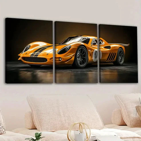 3pcs Abstract Yellow Sport Car Black Gold White Wall Art Set Canvas Unframed - High Quality Print 100% Australian Made Wall Canvas - Bella Home Decor
