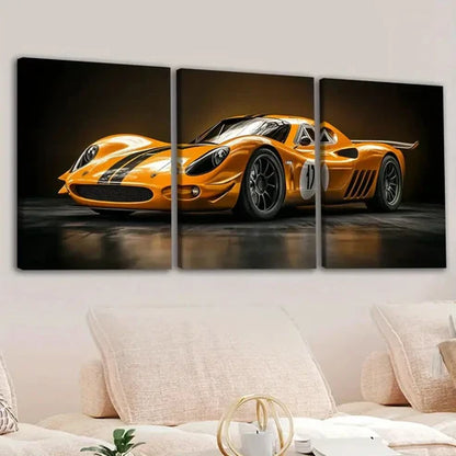 3pcs Abstract Yellow Sport Car Black Gold White Wall Art Set Canvas Unframed - High Quality Print 100% Australian Made Wall Canvas - Bella Home Decor