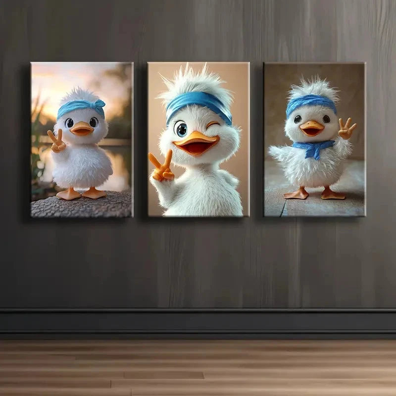 3pcs Cute White Duck Painting Wall Art Set Canvas Framed 50x70cm - High Quality Print 100% Australian Made Wall Canvas Ready to Hang - Bella Home Decor