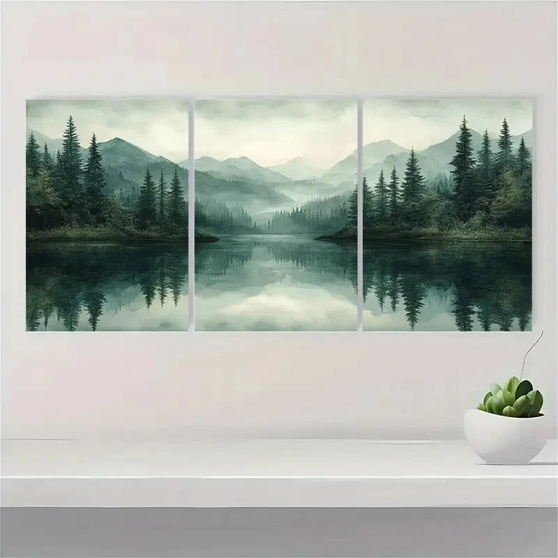 3pcs Abstract Green Forest Lake Nature Art Metal Print Ready to Hang Art - Bella Home Decor