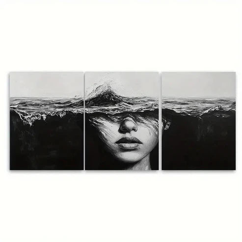 3pcs Abstract Lady Face Black And White Ocean Wall Art Canvas Unframed - High Quality Print 100% Australian Made Wall Canvas - Bella Home Decor