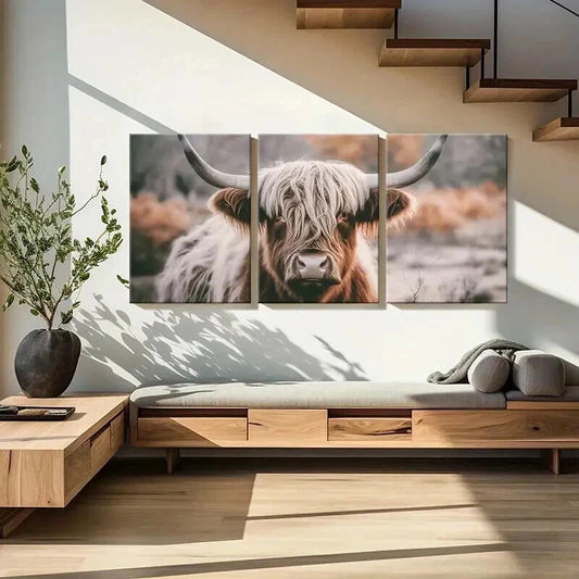 3pcs Animal Aesthetic Highland Cattle Wall Art Set Canvas Framed 60x90cm - High Quality Print 100% Australian Made Wall Canvas Ready to Hang