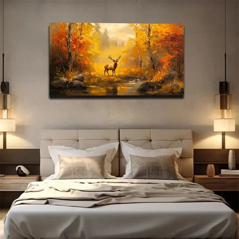 Bohemian Autumn Elk Landscape Wall Art Canvas Office Home Room Framed 120x60cm