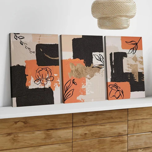 3pcs Orange Abstract Modern Black Line Flower Wall Art Set Canvas Unframed - High Quality Print 100% Australian Made Wall Canvas