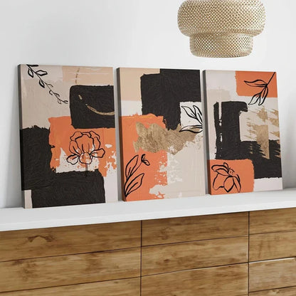 3pcs Orange Abstract Modern Black Line Flower Wall Art Set Canvas Unframed - High Quality Print 100% Australian Made Wall Canvas