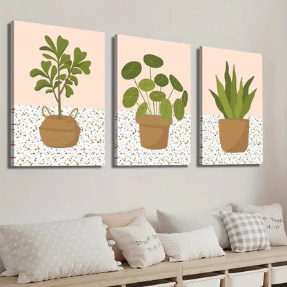 3pcs Potted Plants Illustration Wall Art Set Canvas Unframed - High Quality Print 100% Australian Made Wall Canvas