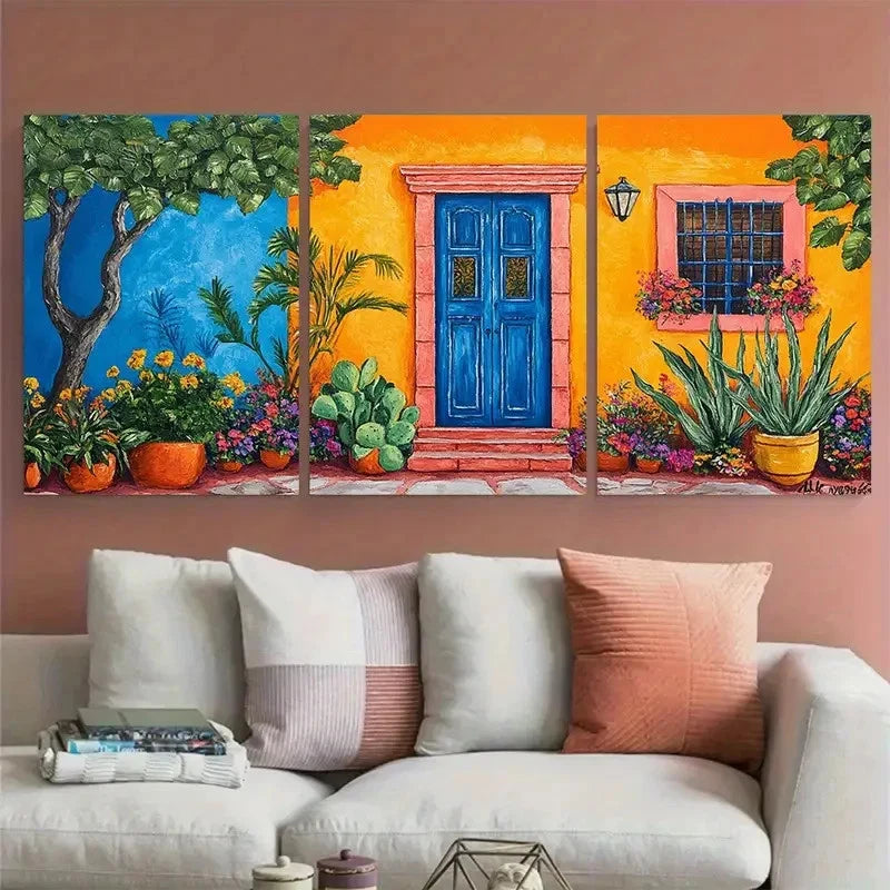 3pcs Colorful Mexican House Courtyard Garden Metal Print Ready to Hang Art - Bella Home Decor
