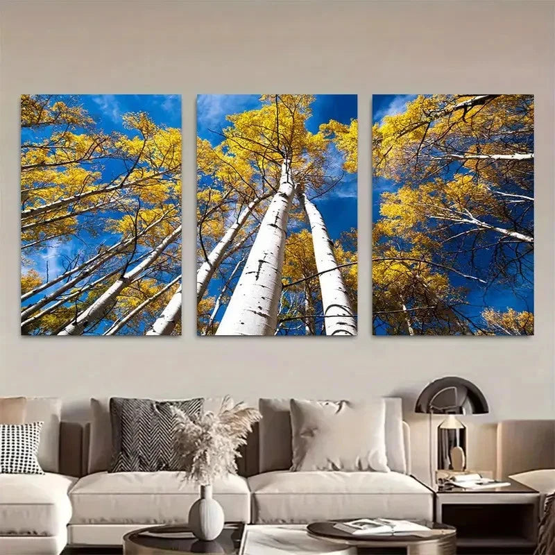3pcs Aspen Trees and Blue Skies Metal Print Ready to Hang Art - Bella Home Decor