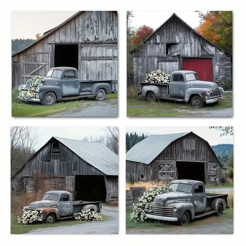 4pcs Vintage Truck & Barnyard Scene Wall Art Canvas Framed
