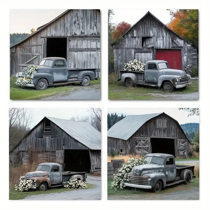 4pcs Vintage Truck & Barnyard Scene Wall Art Canvas Framed