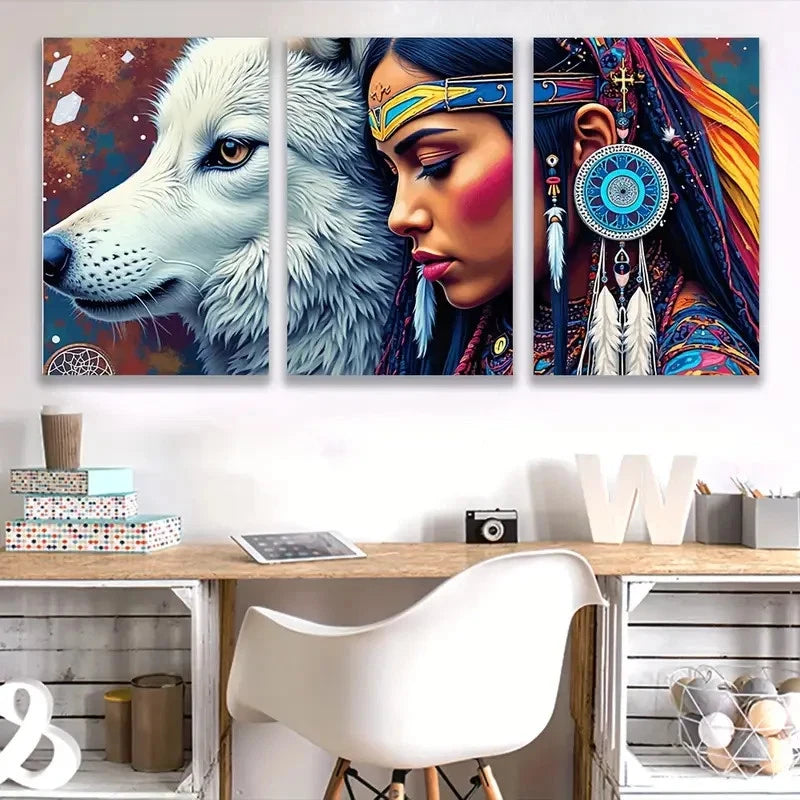 3pcs Vibrant Wolf & Indigenous Woman Wall Art Set Canvas Framed 60x90cm - High Quality Print 100% Australian Made Wall Canvas Ready to Hang