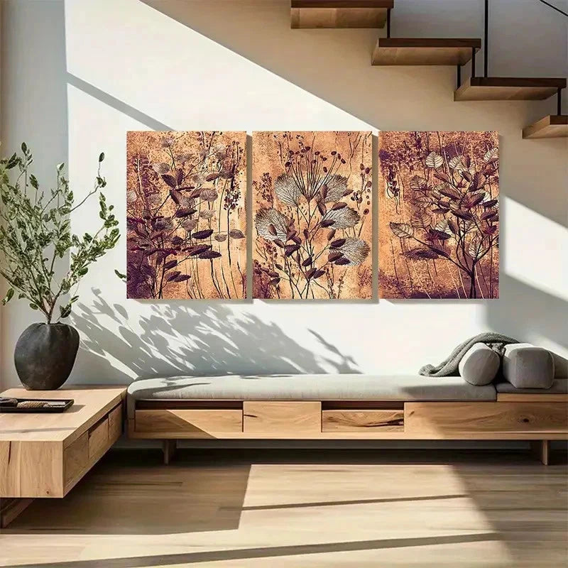 3pcs Reddish-Brown Leaf and Branch Design Metal Print Ready to Hang Art