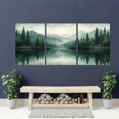 3pcs Abstract Green Forest Lake Nature Art Metal Print Ready to Hang Art - Bella Home Decor
