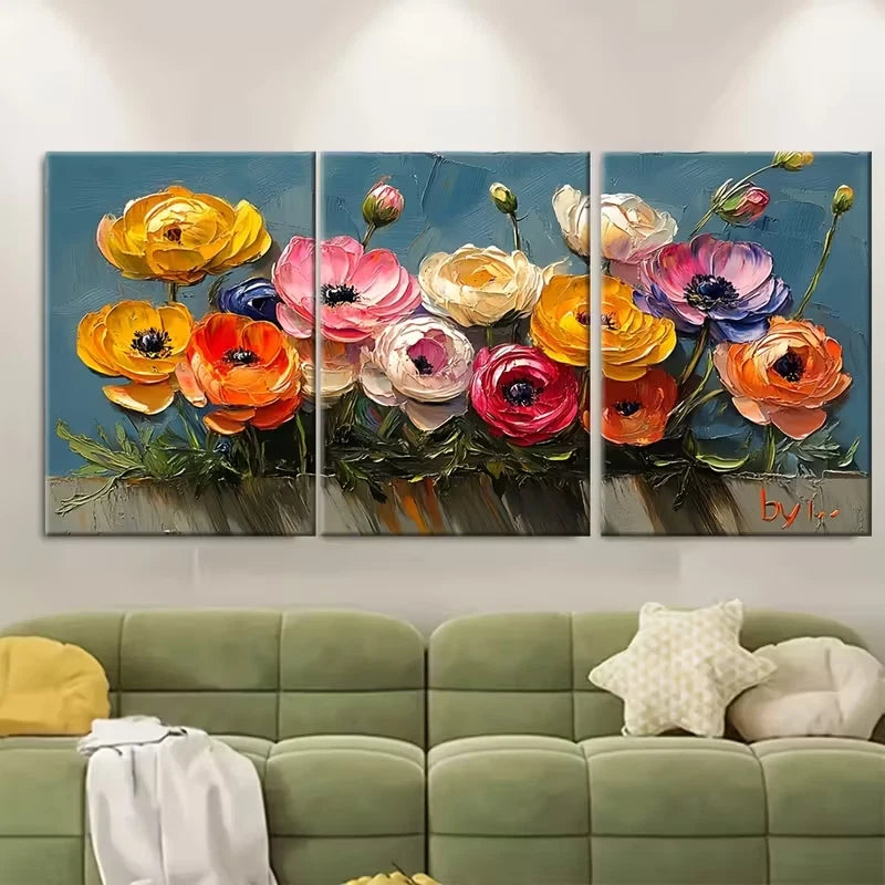 3pcs Ranunculus Oil Painting Floral Metal Print Ready to Hang Art