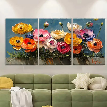 3pcs Ranunculus Oil Painting Floral Metal Print Ready to Hang Art