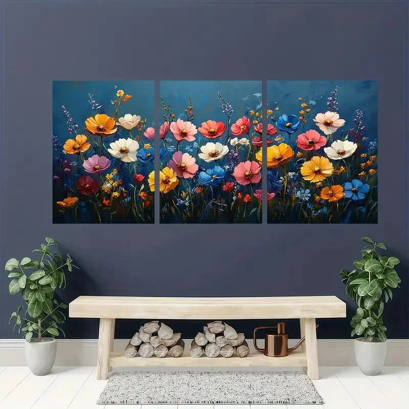 3pcs Vibrant Wildflower Spring Meadow Art Metal Print Ready to Hang Art