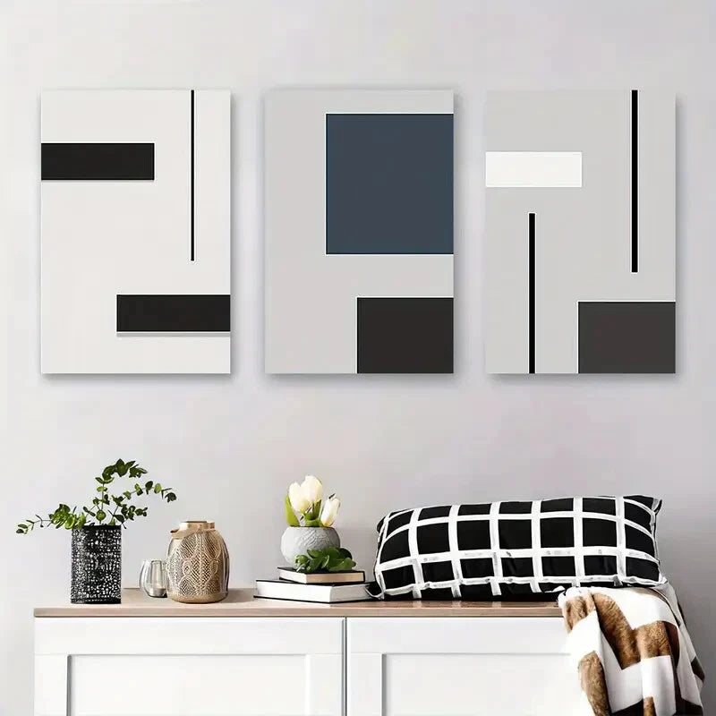 3pcs Abstract Black White & Teal Shapes with Grey Metal Print Ready to Hang Art - Bella Home Decor