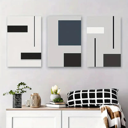 3pcs Abstract Black White & Teal Shapes with Grey Metal Print Ready to Hang Art - Bella Home Decor