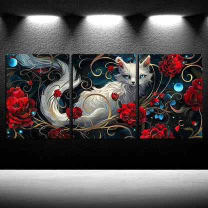 3pcs Vibrant Charming White Fox & Rose Design Metal Print Ready to Hang Art - Bella Home Decor