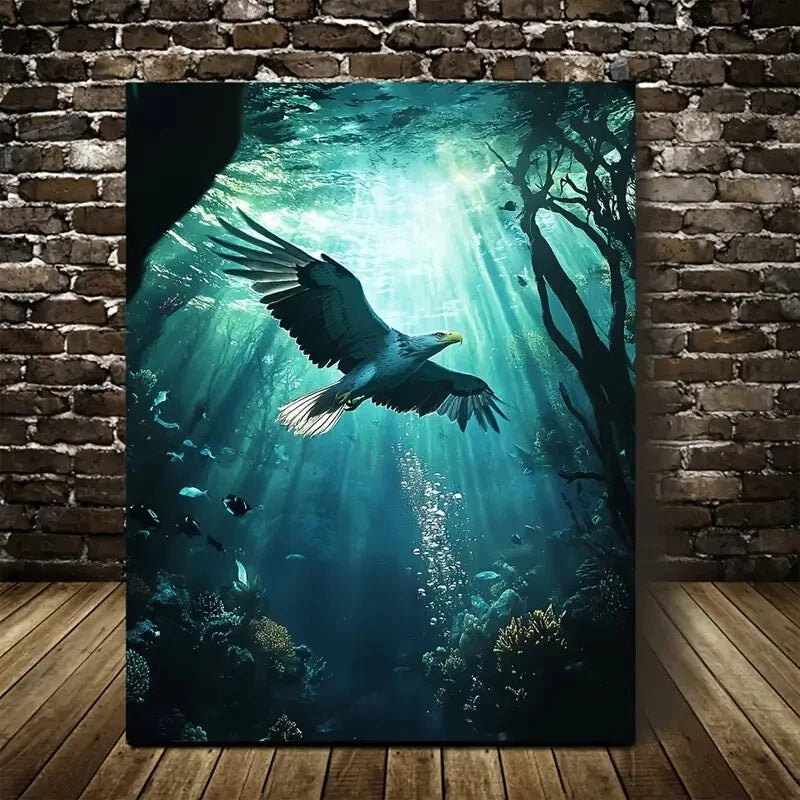 Majestic Eagle Underwater in Coral Reef Painting 40x60cm Metal Print Ready to Hang - Bella Home Decor