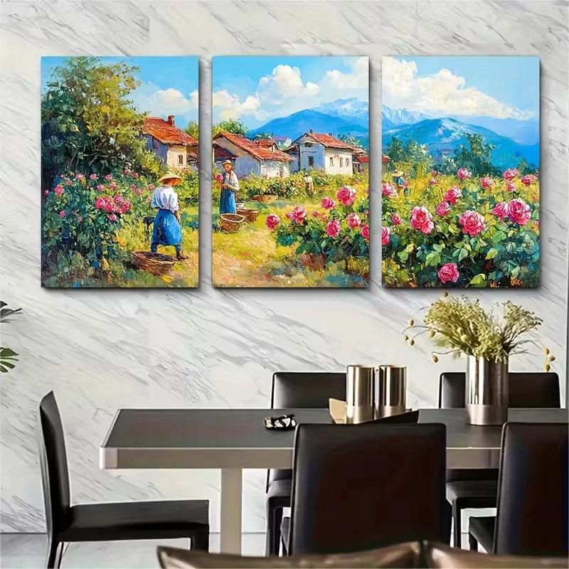 3pcs Bulgarian Rose Valley Painting Metal Print Ready to Hang Art - Bella Home Decor
