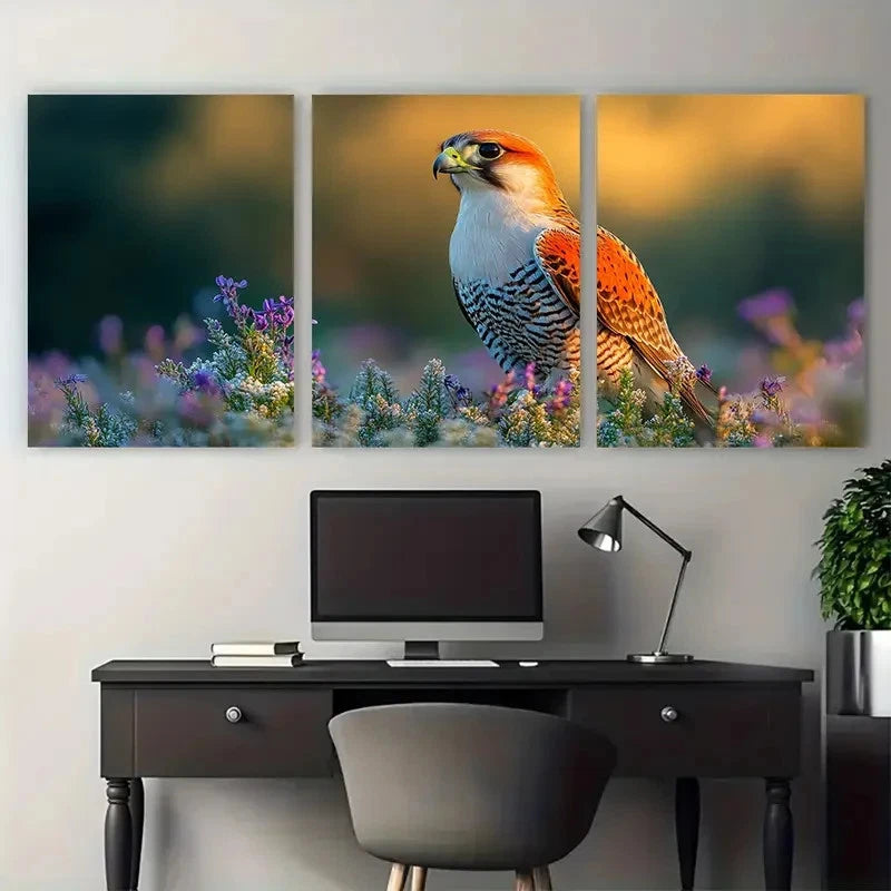 3pcs Red Footed Falcon in Grass Meadow with Floral Wall Art Set Canvas Framed 40x60cm - High Quality Print 100% Australian Made Wall Canvas Ready to Hang - Bella Home Decor
