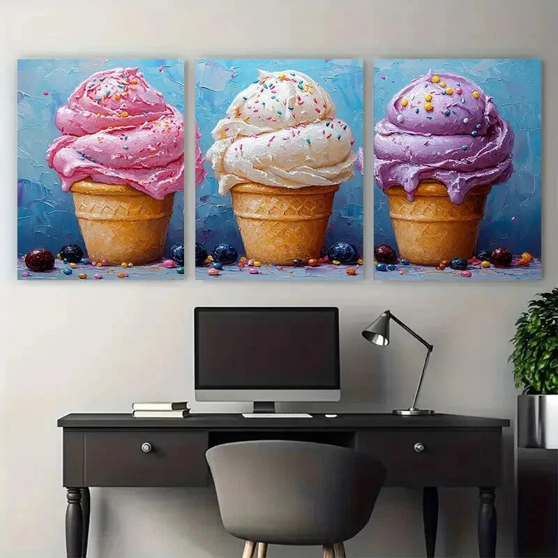 3pcs Ice Cream Candy Food Cafe Design Metal Print Ready to Hang Art - Bella Home Decor