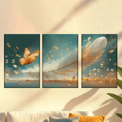 3pcs Beside The Feathers Are Golden Butterflies Wall Art Set Canvas Framed 60x90cm - High Quality Print 100% Australian Made Wall Canvas Ready to Hang - Bella Home Decor