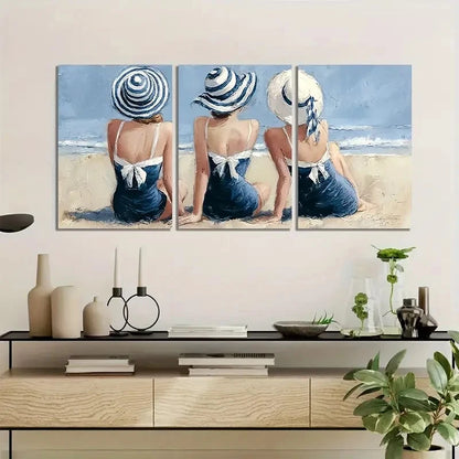 3pcs Three Young Women in the Beach Vintage Style Metal Print Ready to Hang Art